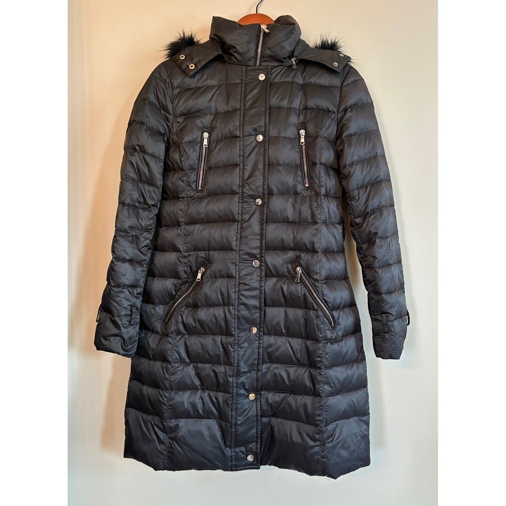 ZARA WOMAN Black Puffer Down/Feather‎ Coat with Faux Fur Hood Zip Front Size S